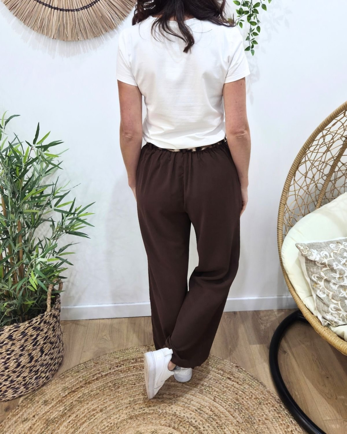 Pantalon fluide femme large marron ceinture à motifs Maïra