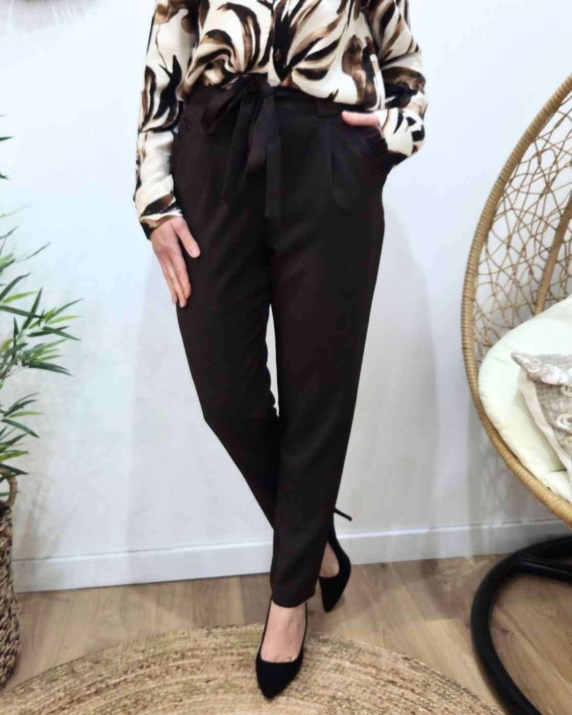 Pantalon femme paper bag marron choco