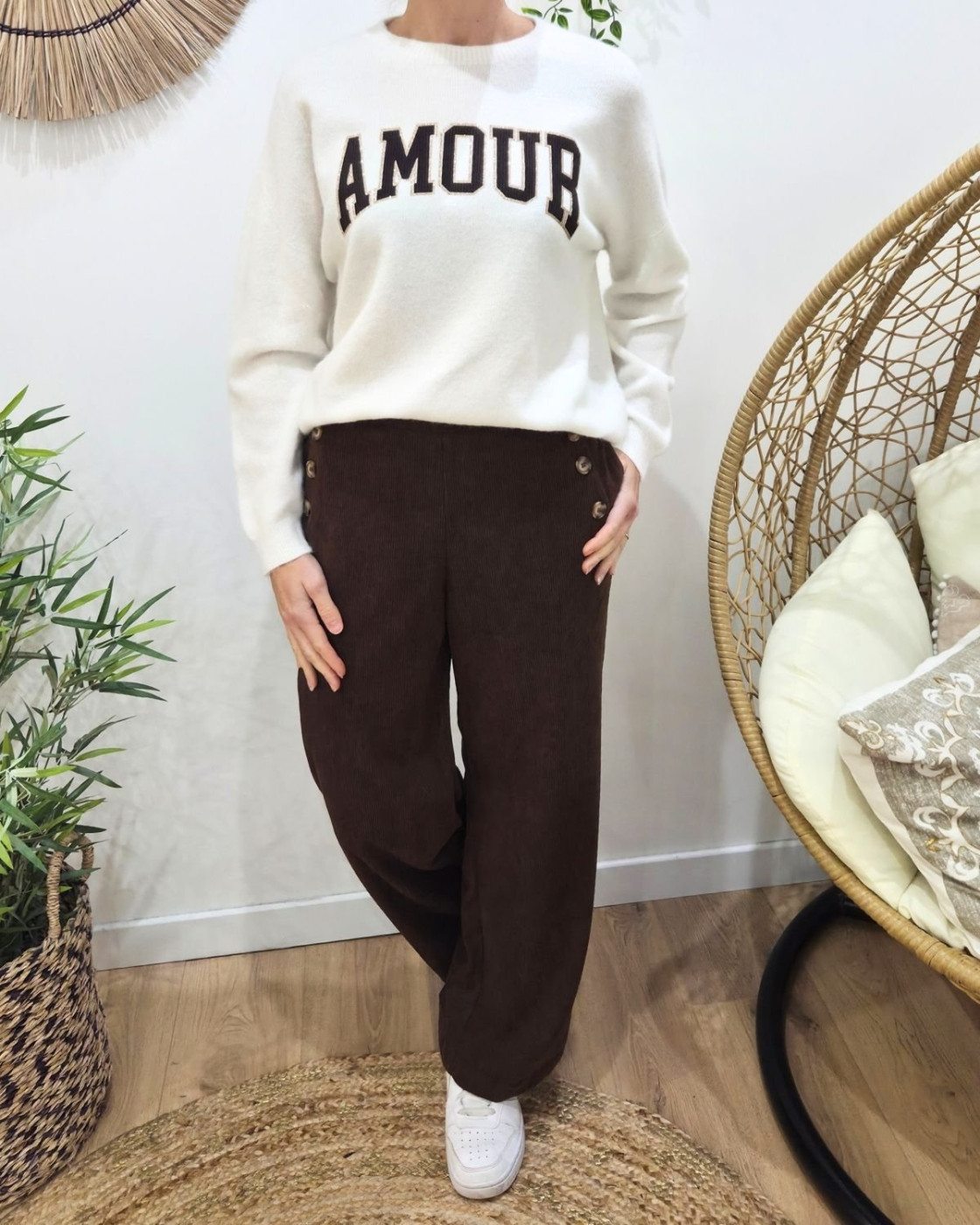 Pantalon large velours femme taille haute boutonné marron