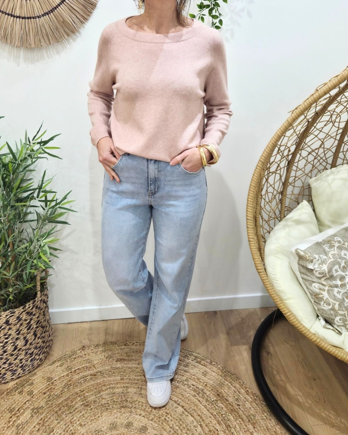 Jean femme wide leg power stretch taille haute bleu clair coupe confort +