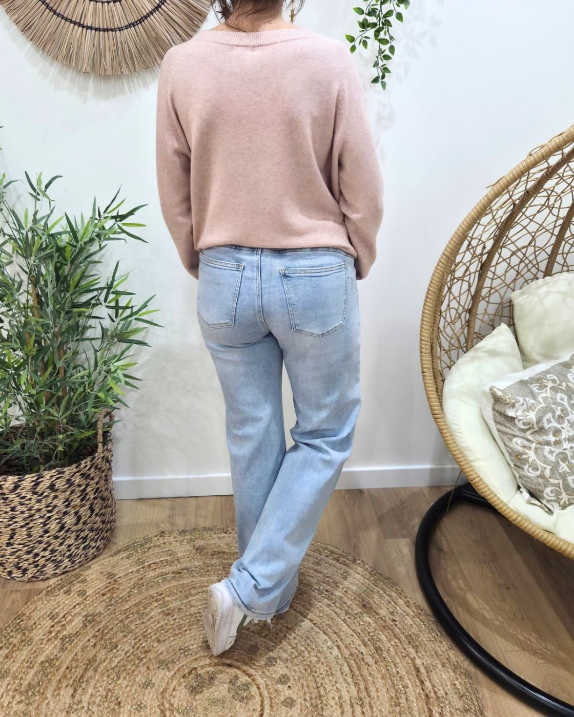 Jean femme wide leg power stretch taille haute bleu clair coupe confort +