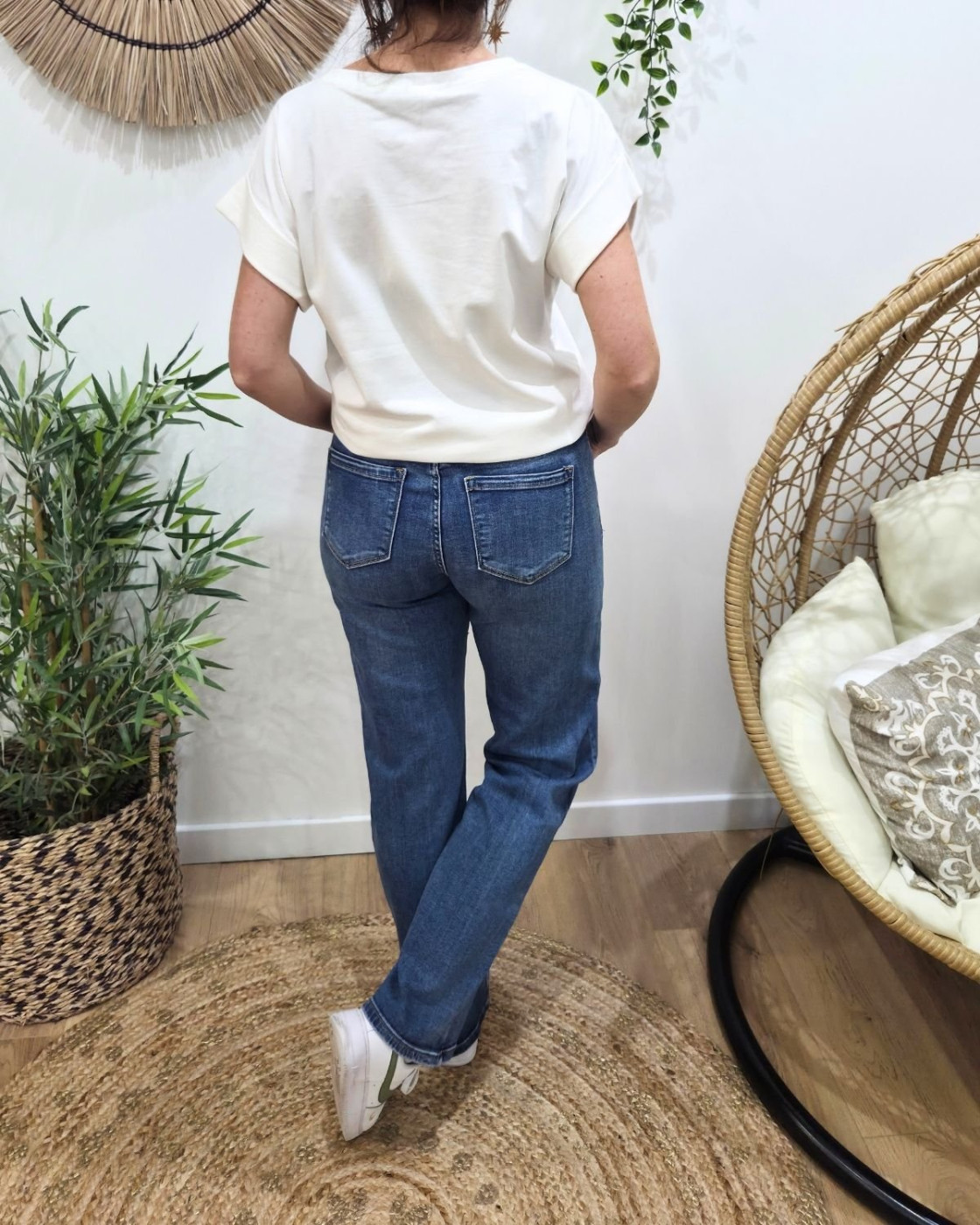 Jean femme droit power stretch bleu moyen taille haute coupe confort +