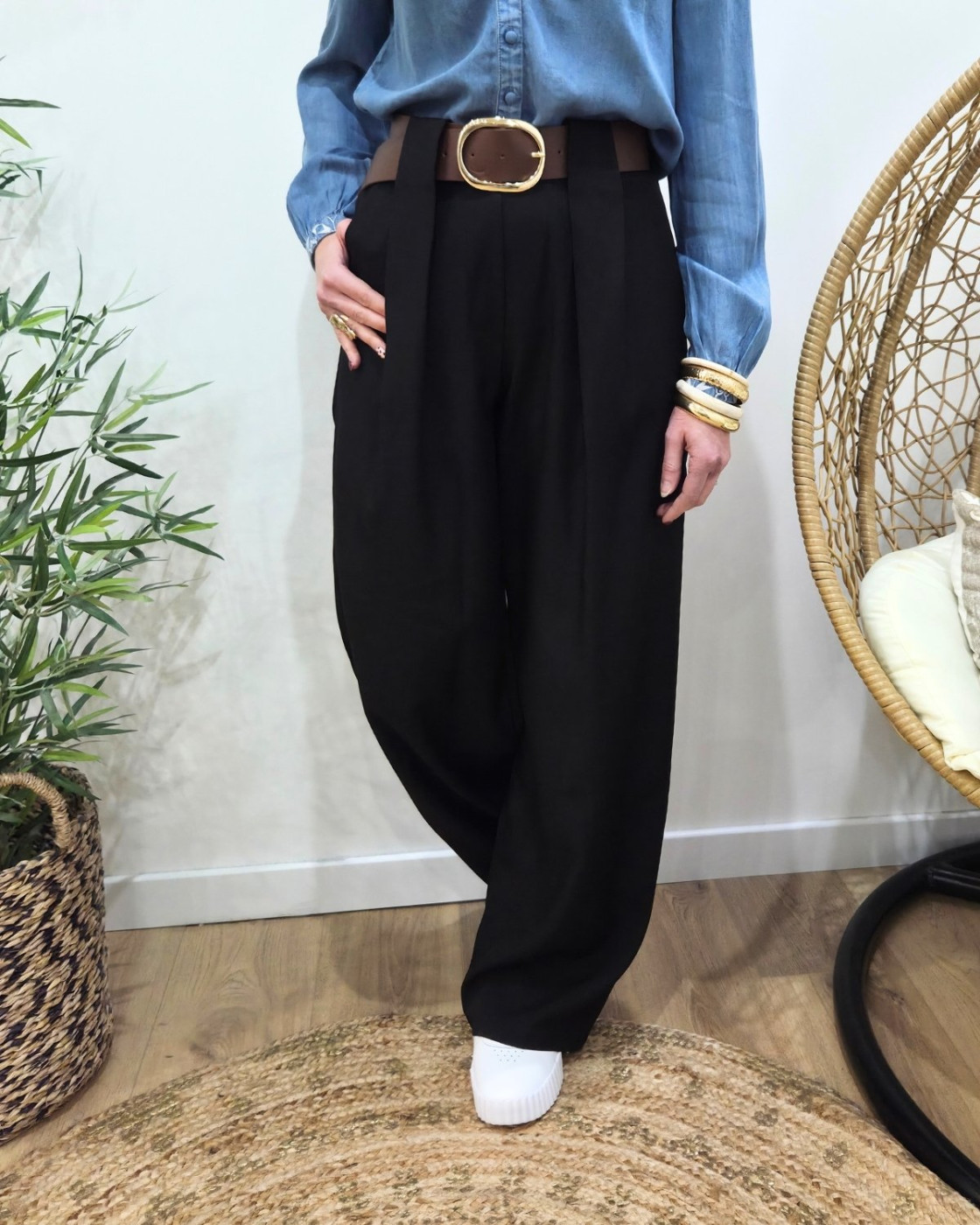 Pantalon uni femme élastiqué fluide