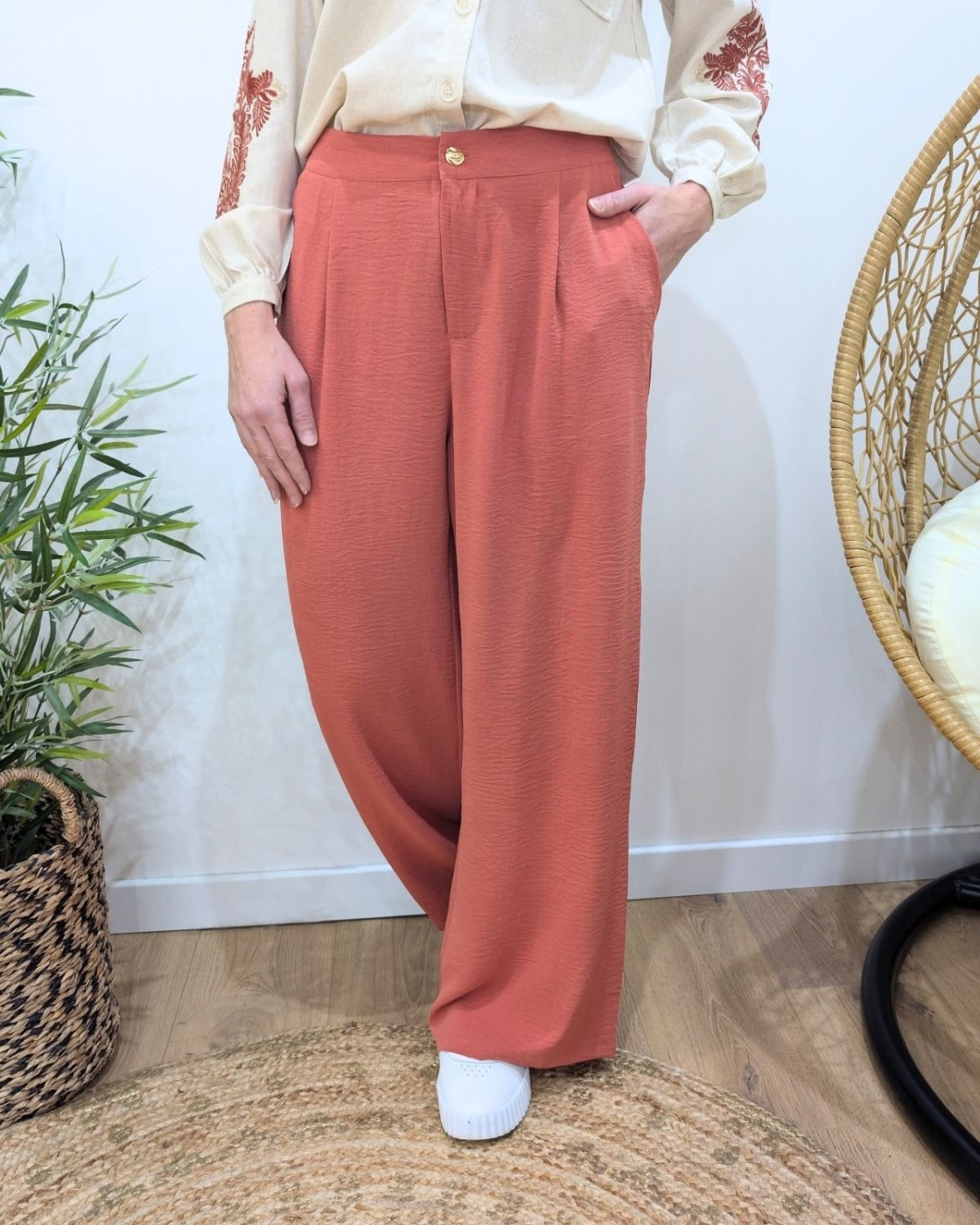 Pantalon femme fluide rose 