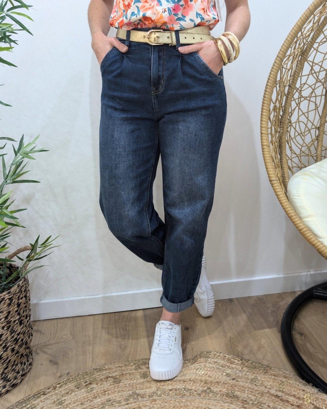 Jean balloon femme bleu foncé délavé