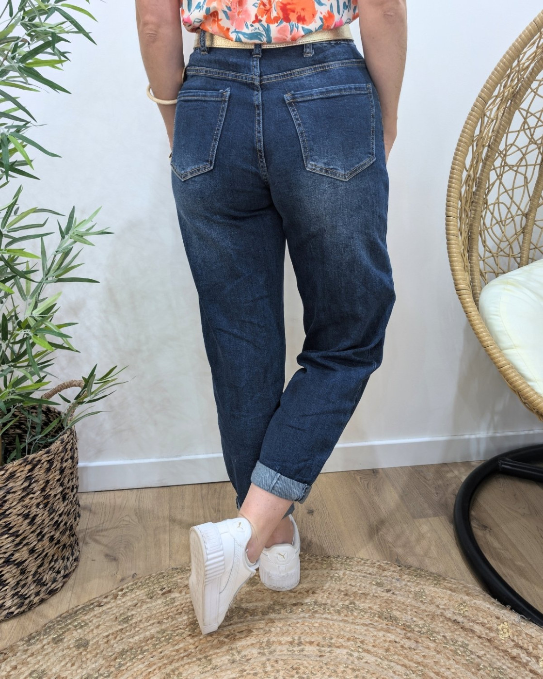 Jean balloon femme bleu foncé délavé