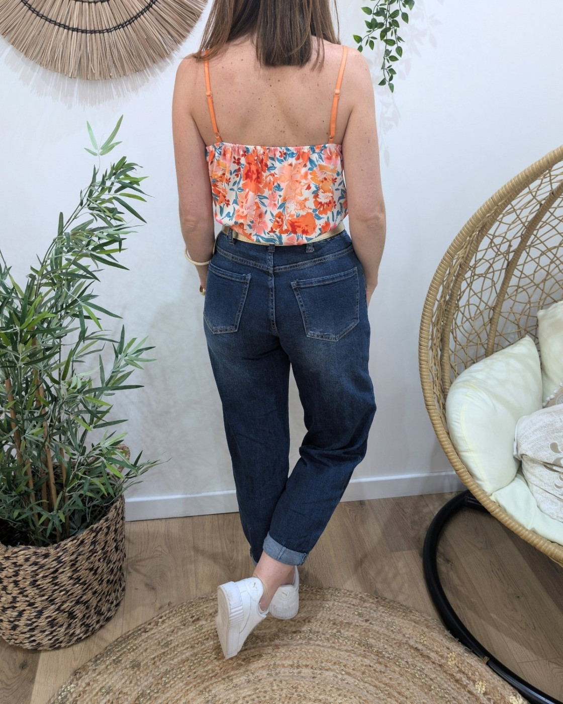 Jean balloon femme bleu foncé délavé