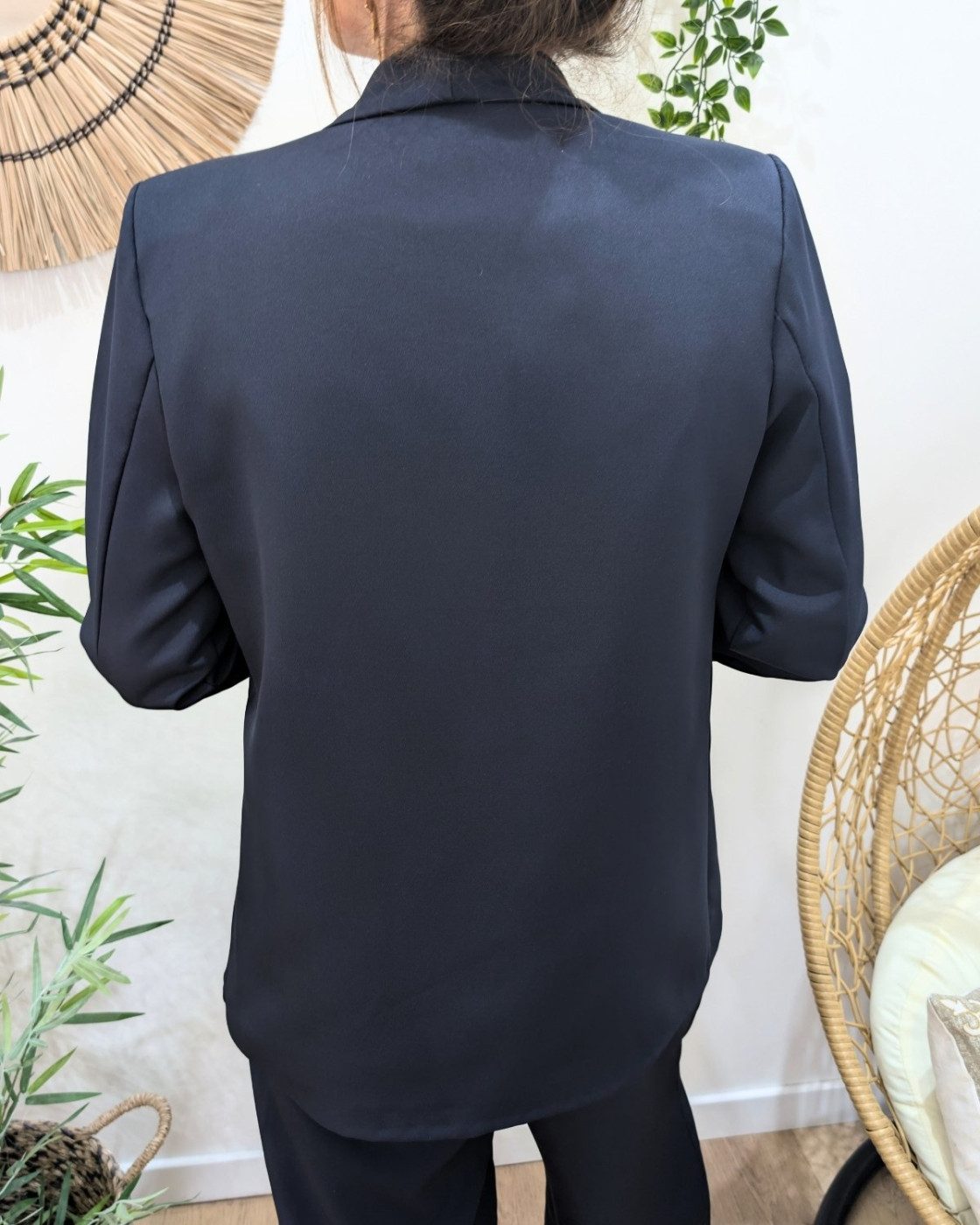 Blazer femme bleu marine manches fleuries Malea