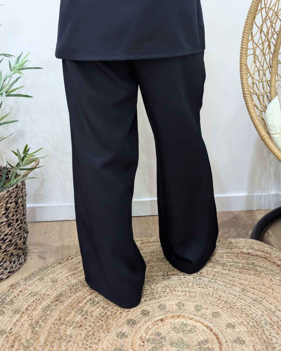 Pantalon fluide femme bleu marine ceinture fleurie Malea