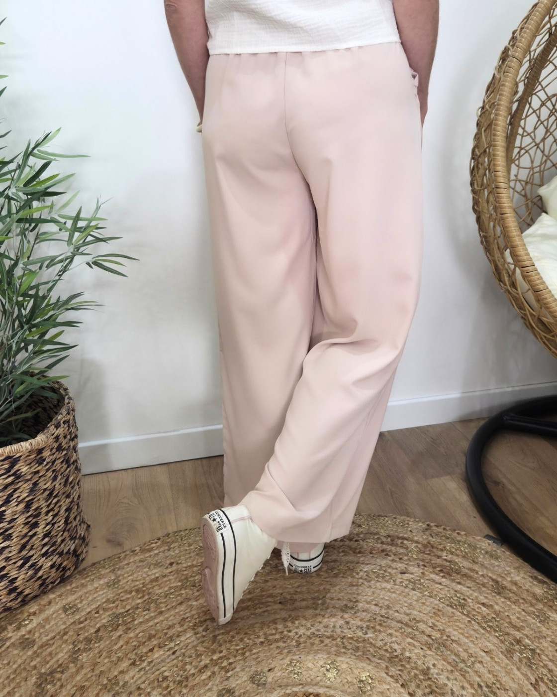 Pantalon femme fluide beige poches froncées