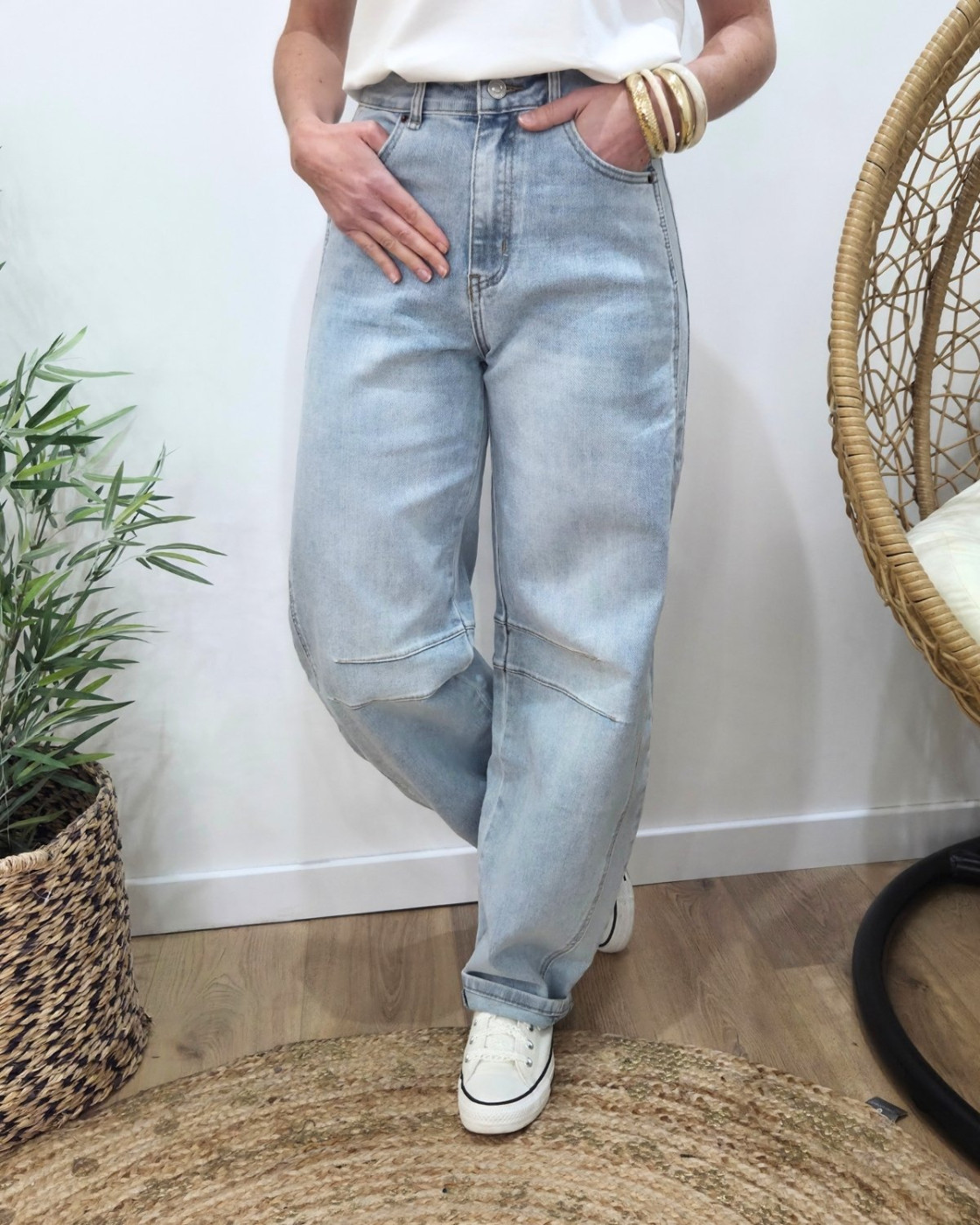 Jean barrel femme bleu clair délavé