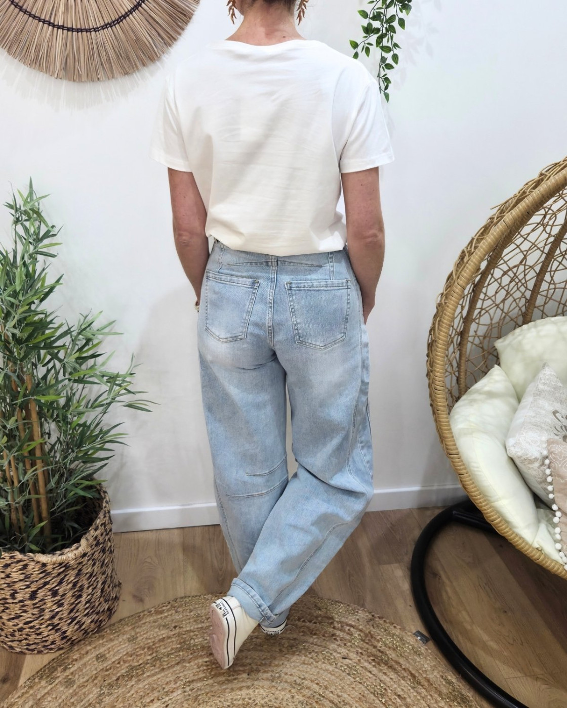 Jean barrel femme bleu clair délavé