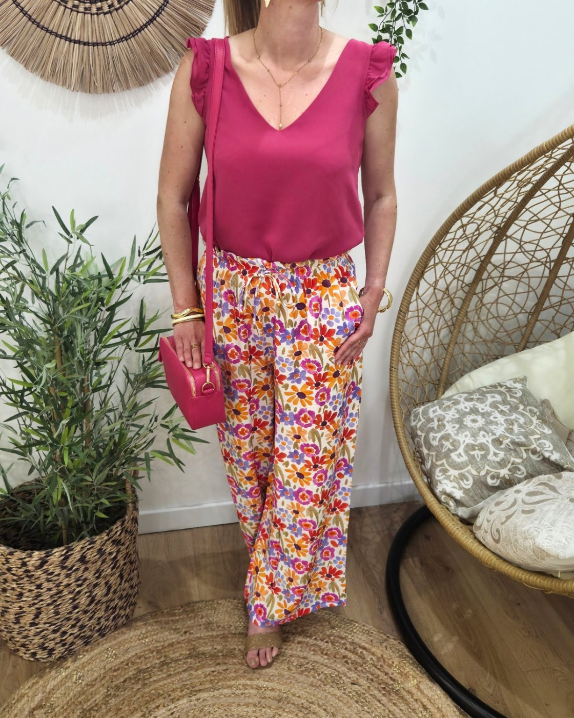 Pantalon femme fluide rose orange et violet Isotta