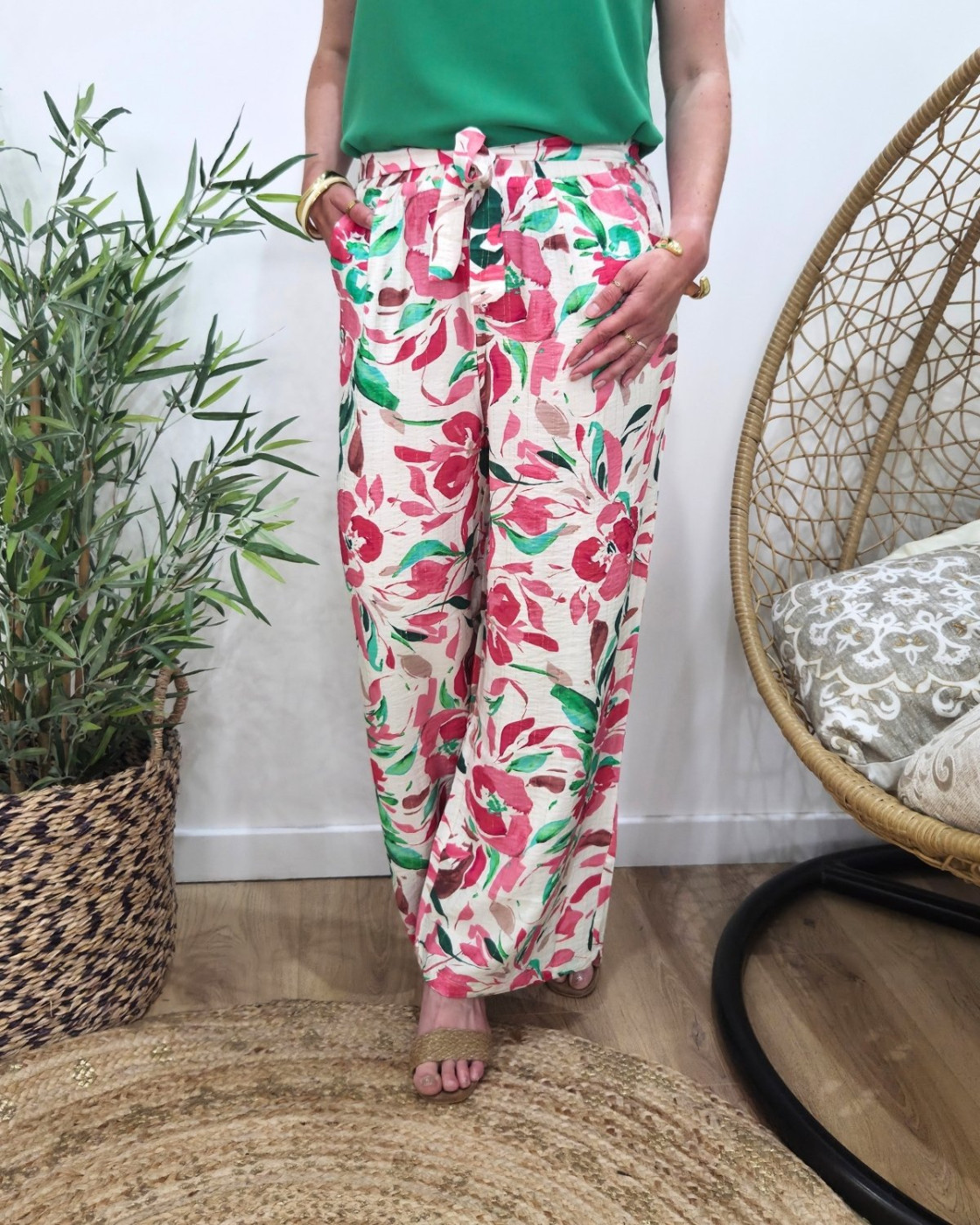 Pantalon femme fluide rose et vert Vittoria