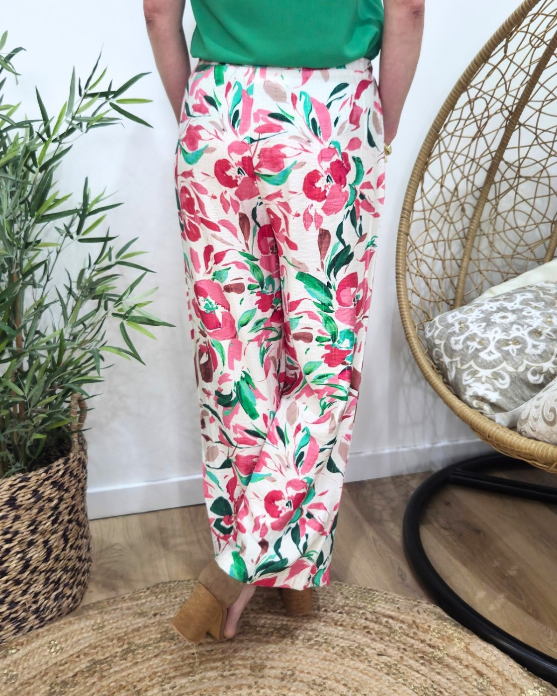 Pantalon femme fluide rose et vert Vittoria