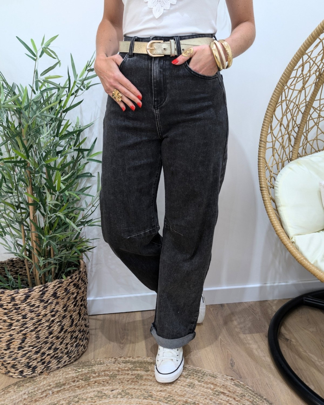 Jean barrel femme gris anthracite