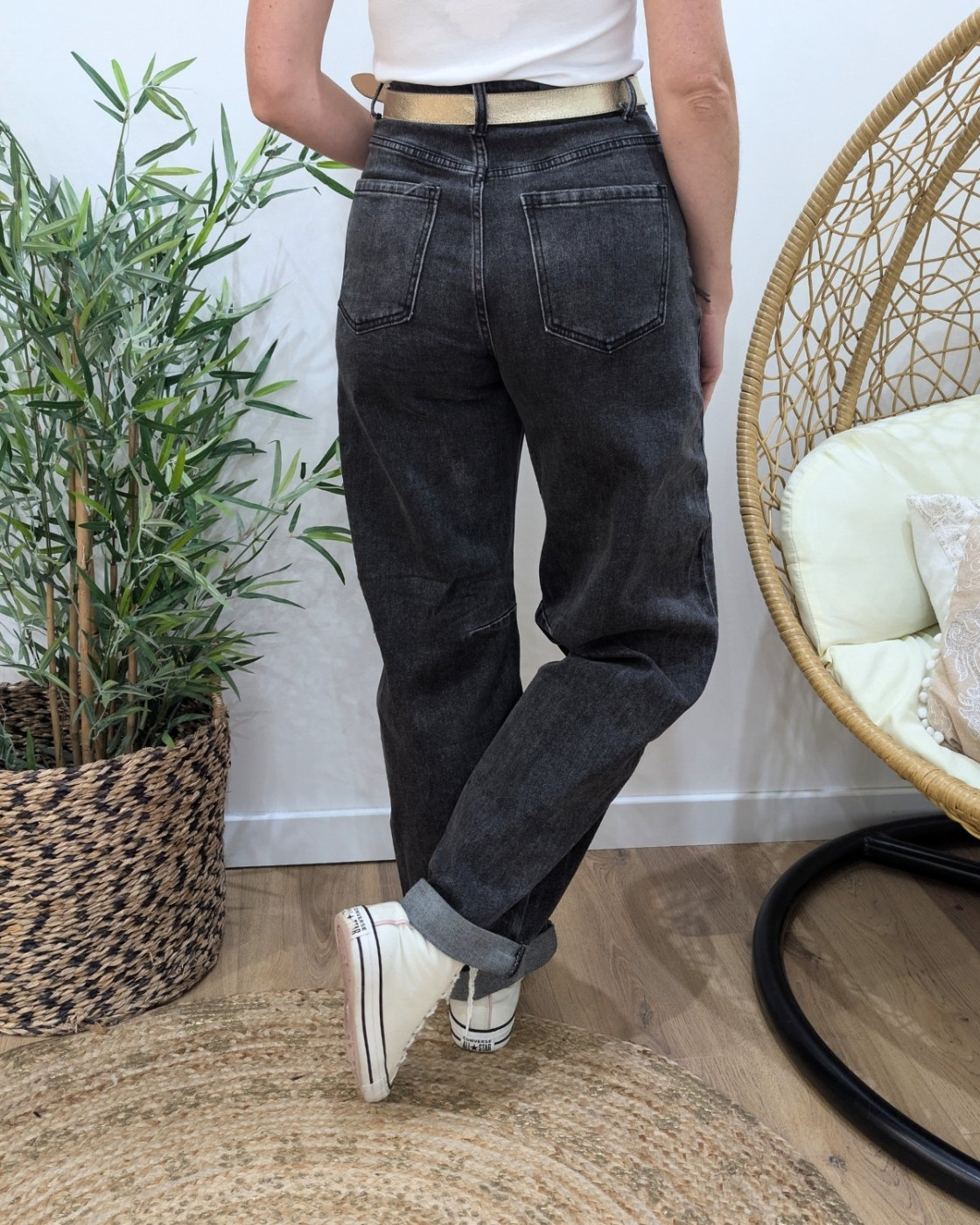 Jean barrel femme gris anthracite