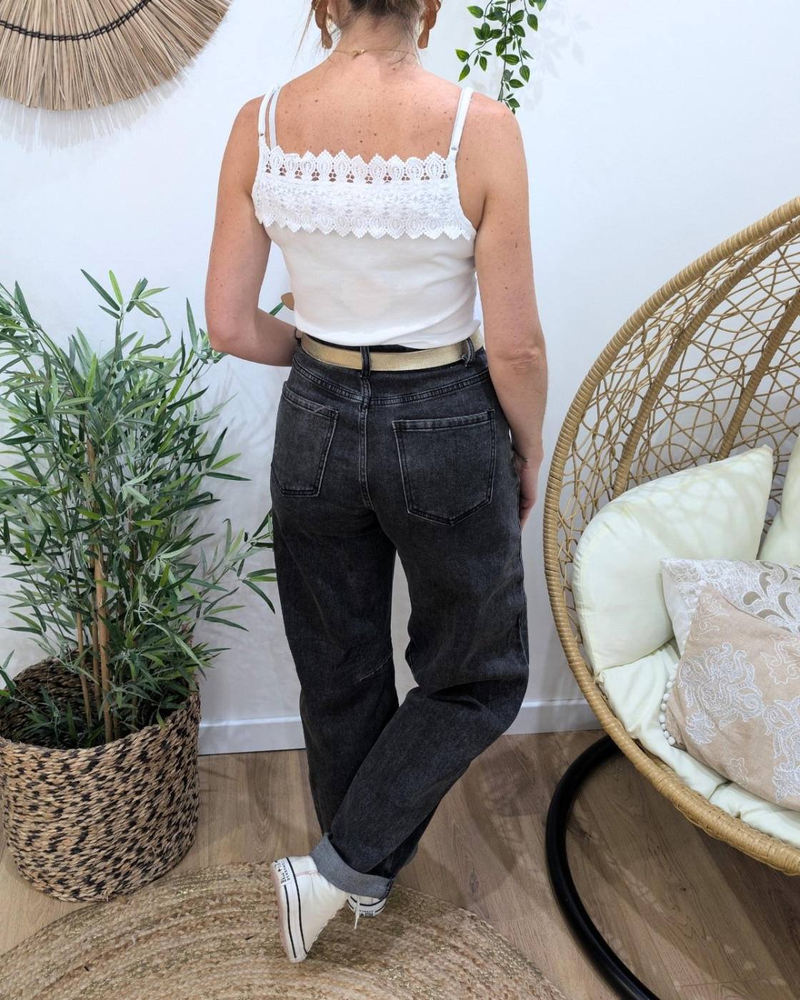 Jean barrel femme gris anthracite