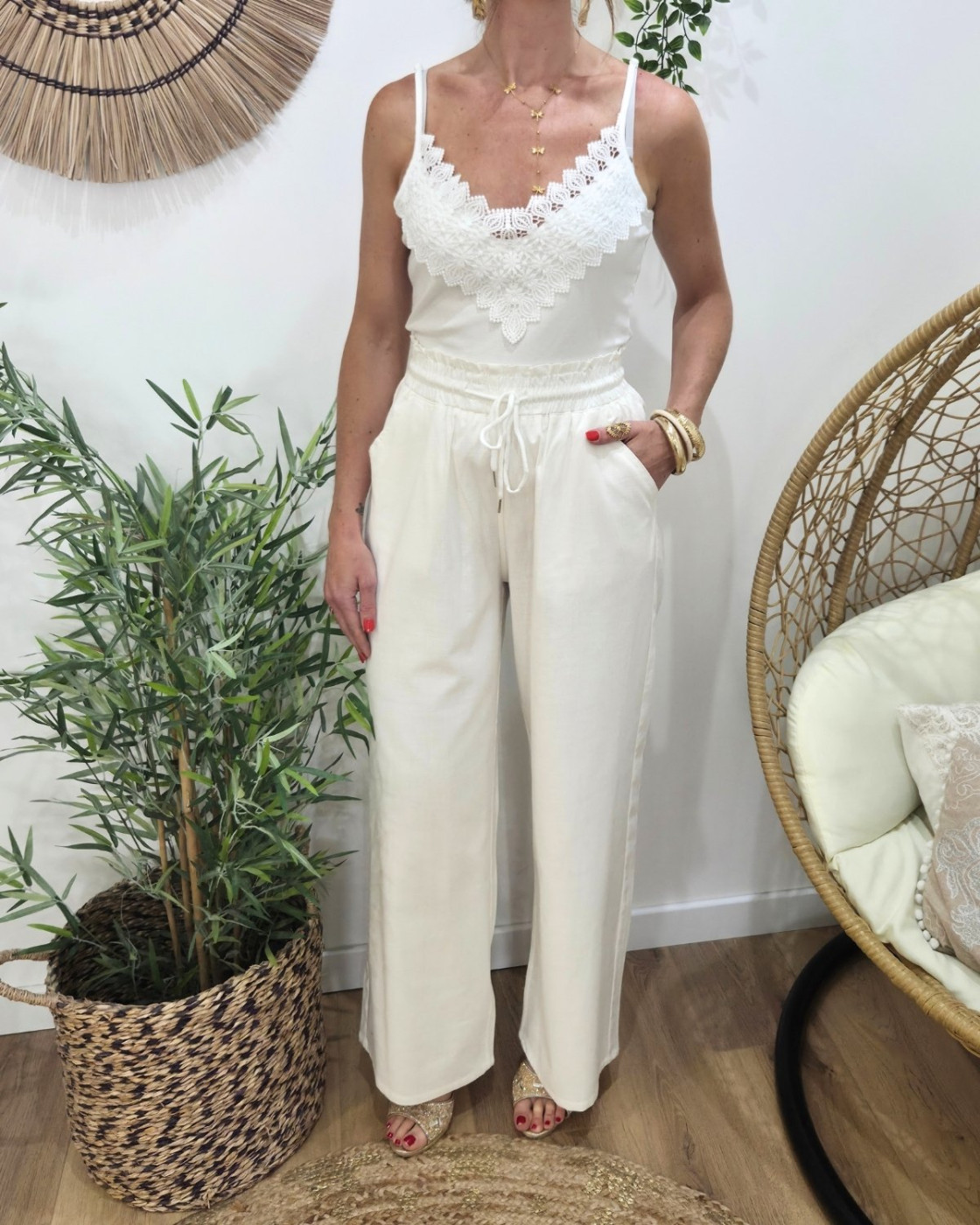 Pantalon femme fluide écru taille élastique