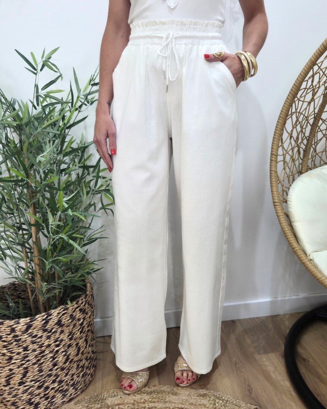 Pantalon femme fluide écru taille élastique
