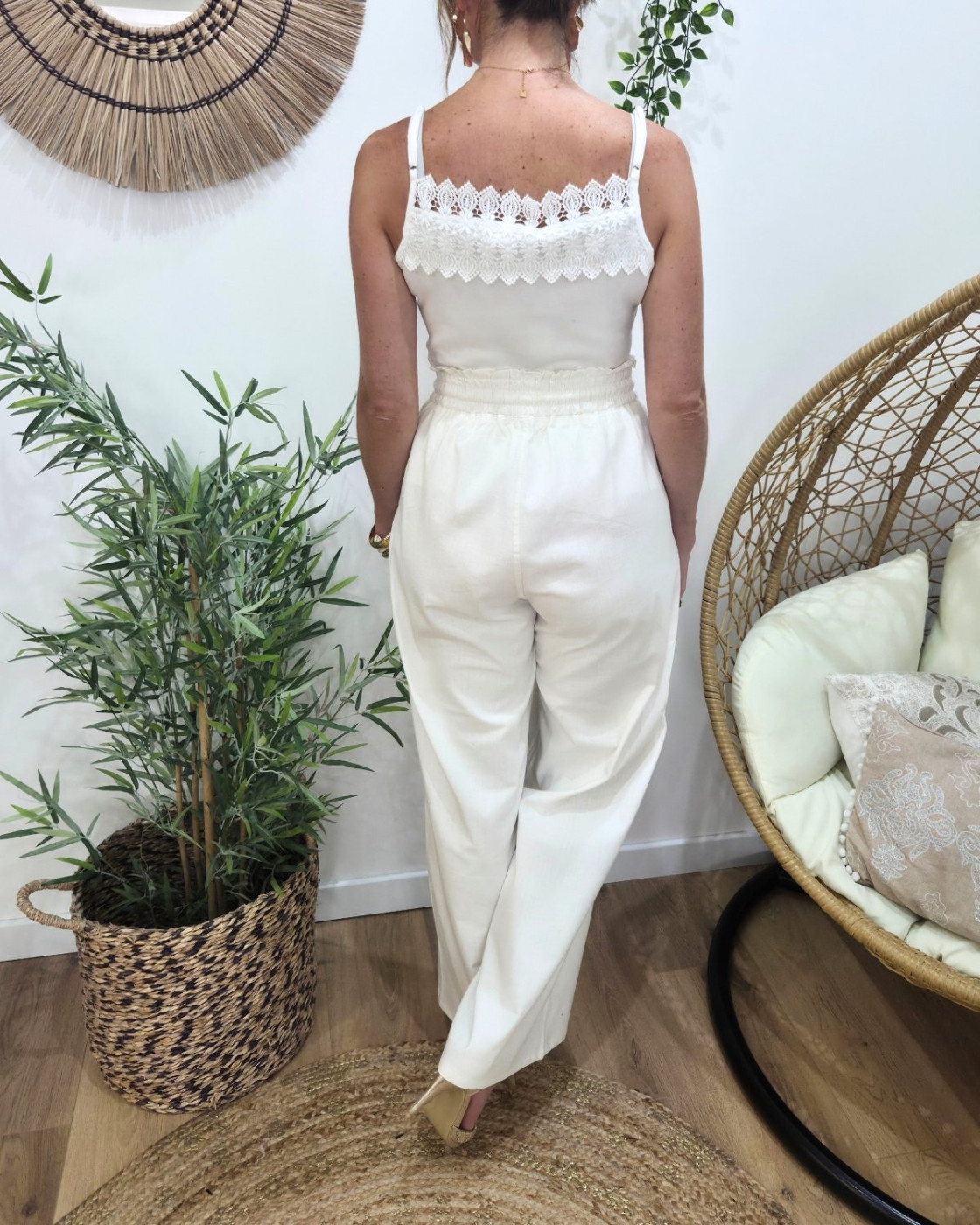 Pantalon femme fluide écru taille élastique