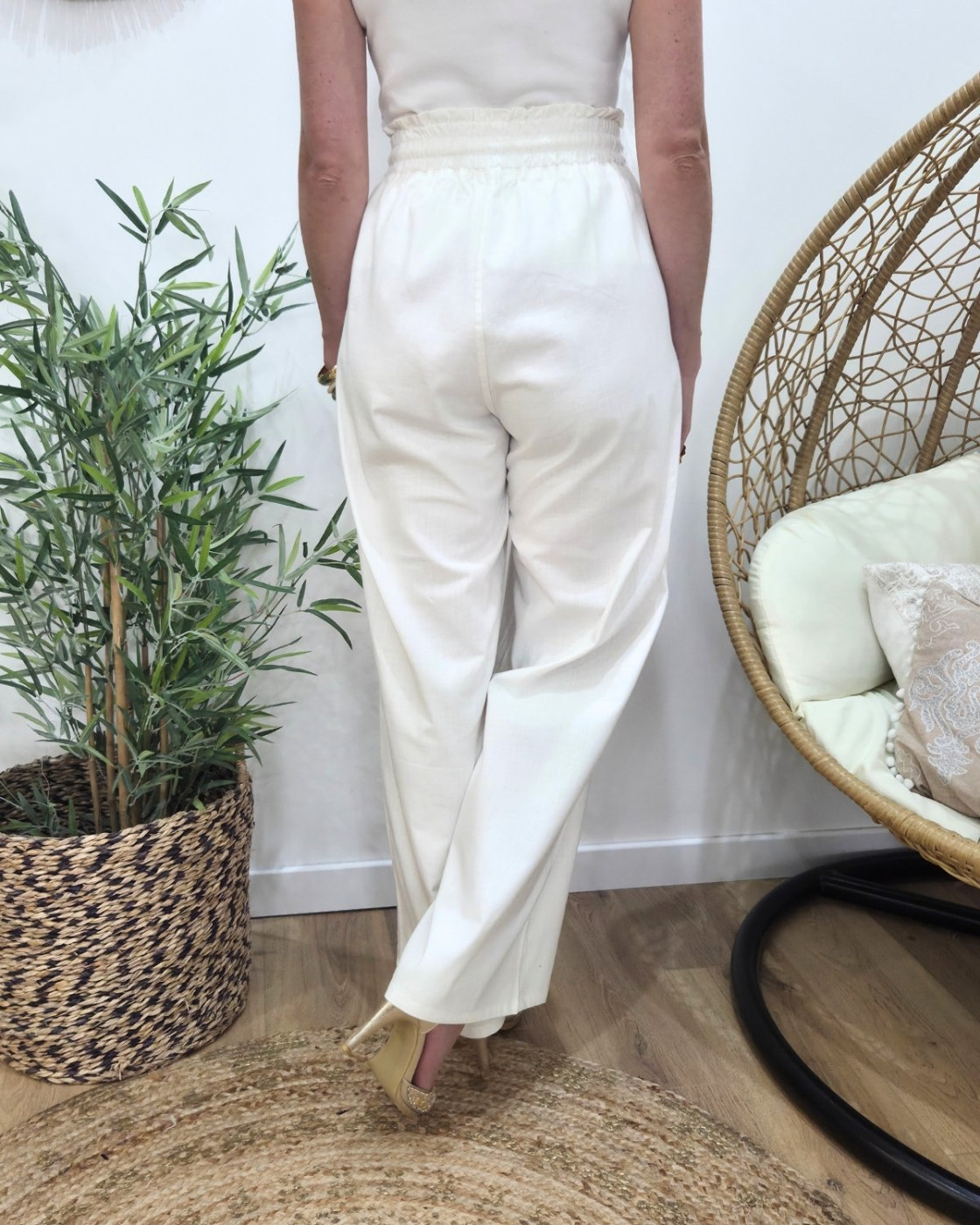 Pantalon femme fluide écru taille élastique
