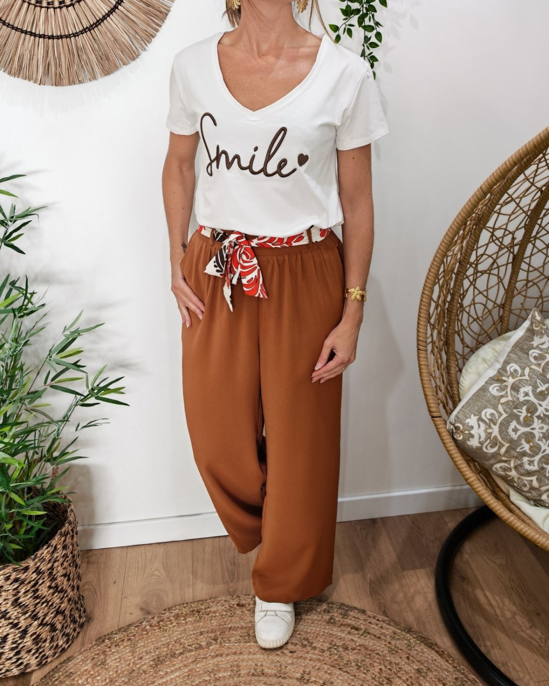 Pantalon fluide femme large camel ceinture à motifs Maïra