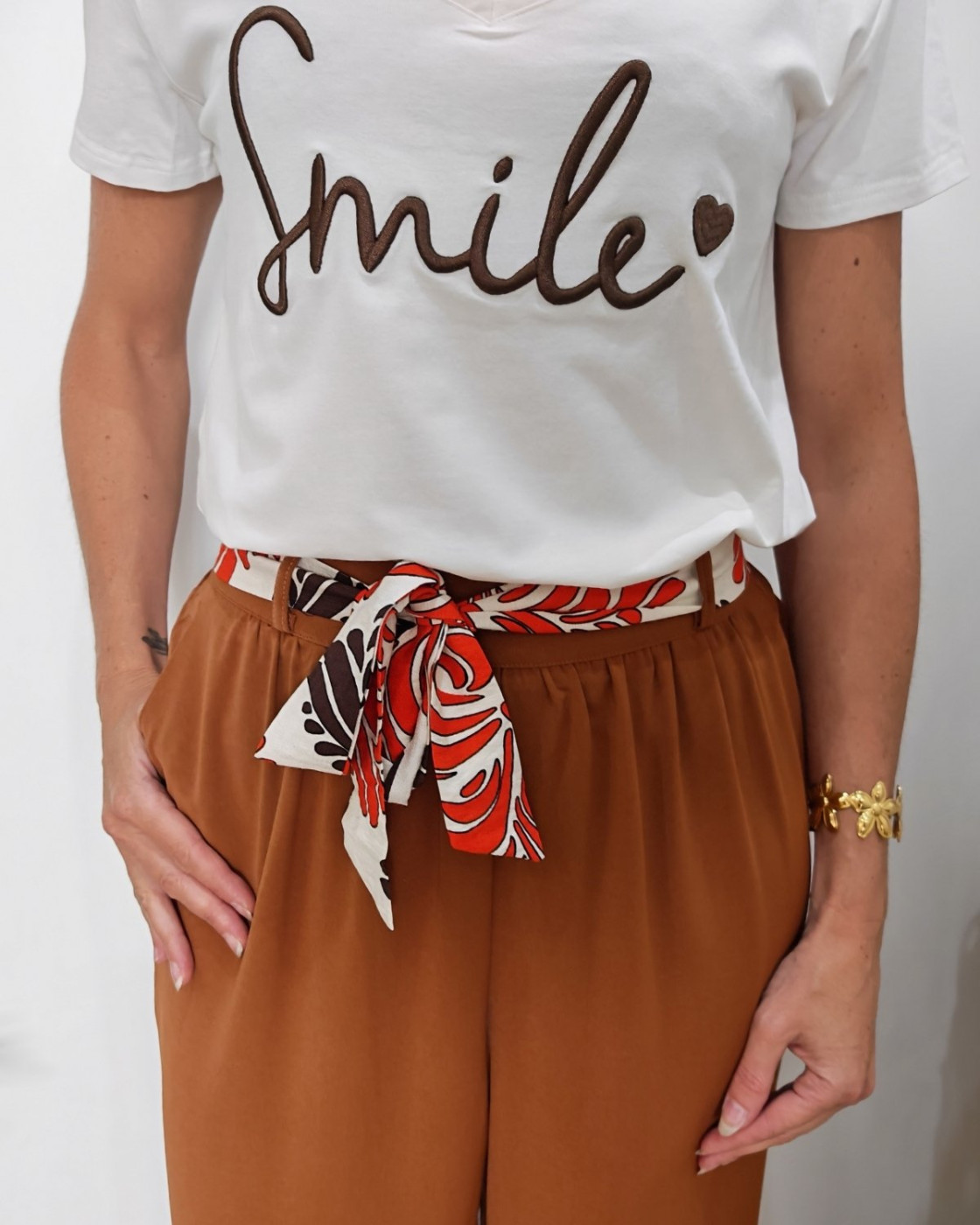 Pantalon fluide femme large camel ceinture à motifs Maïra