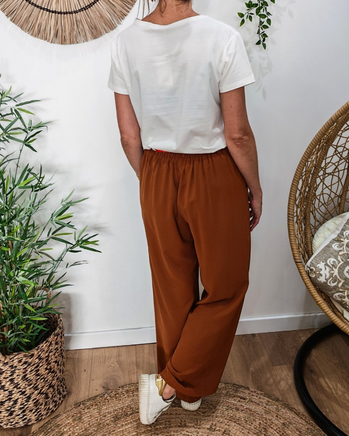Pantalon fluide femme large camel ceinture à motifs Maïra