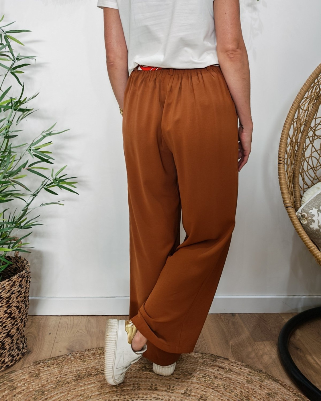 Pantalon fluide femme large camel ceinture à motifs Maïra