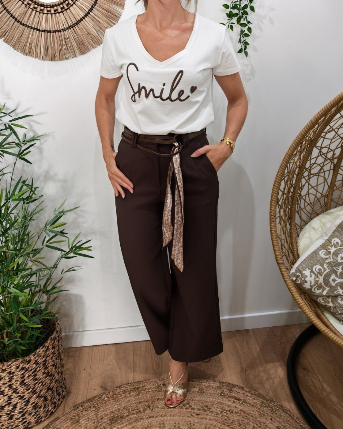 Pantalon femme fluide marron 7/8 ceinture marron