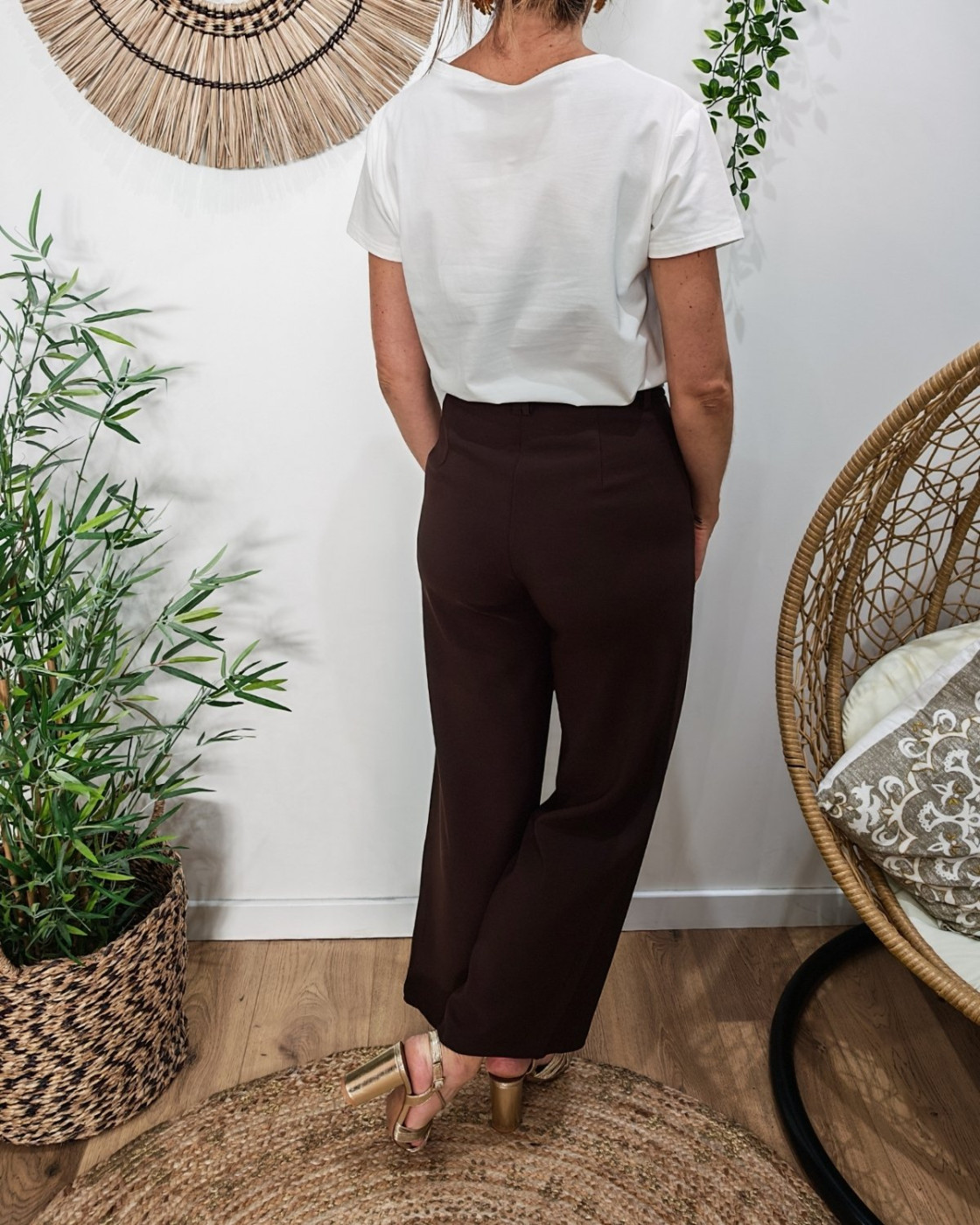 Pantalon femme fluide marron 7/8 ceinture marron