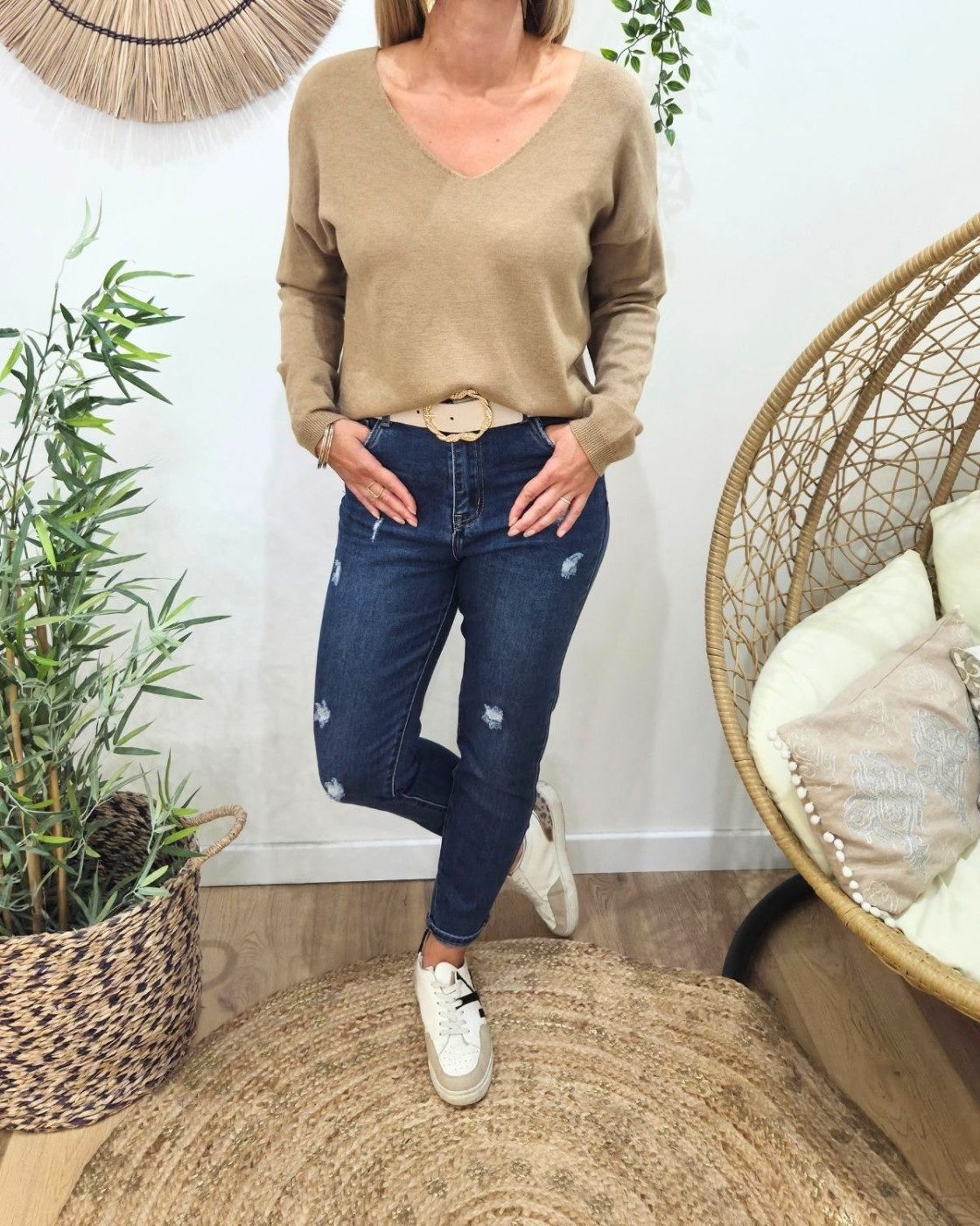 Pull fin femme uni col V Bérénice-Camel