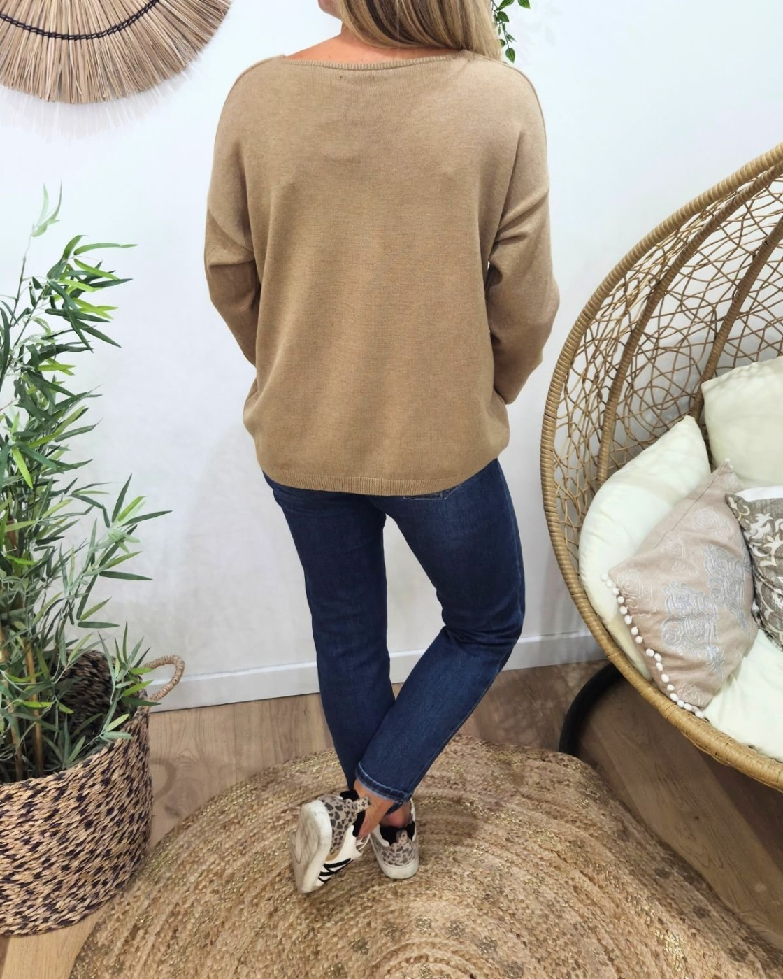 Pull fin femme uni col V Bérénice-Camel