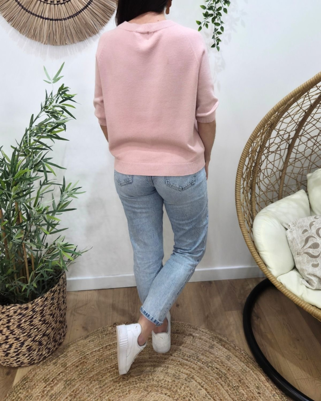 Pull court femme uni col rond Clématite