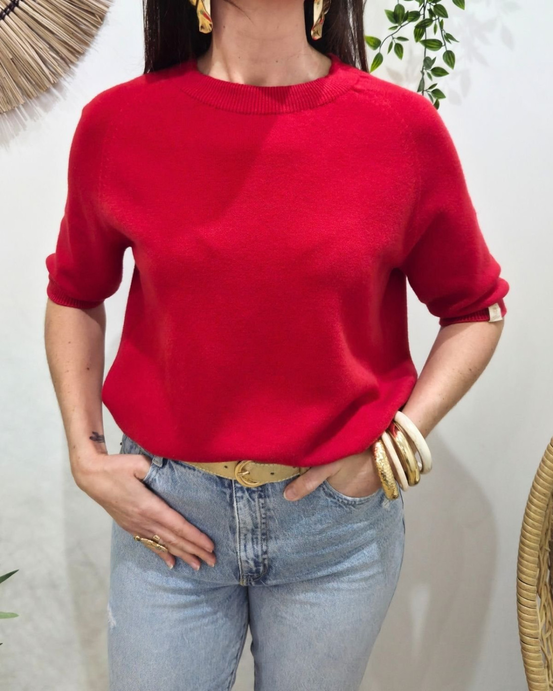Pull court femme uni col rond Clématite