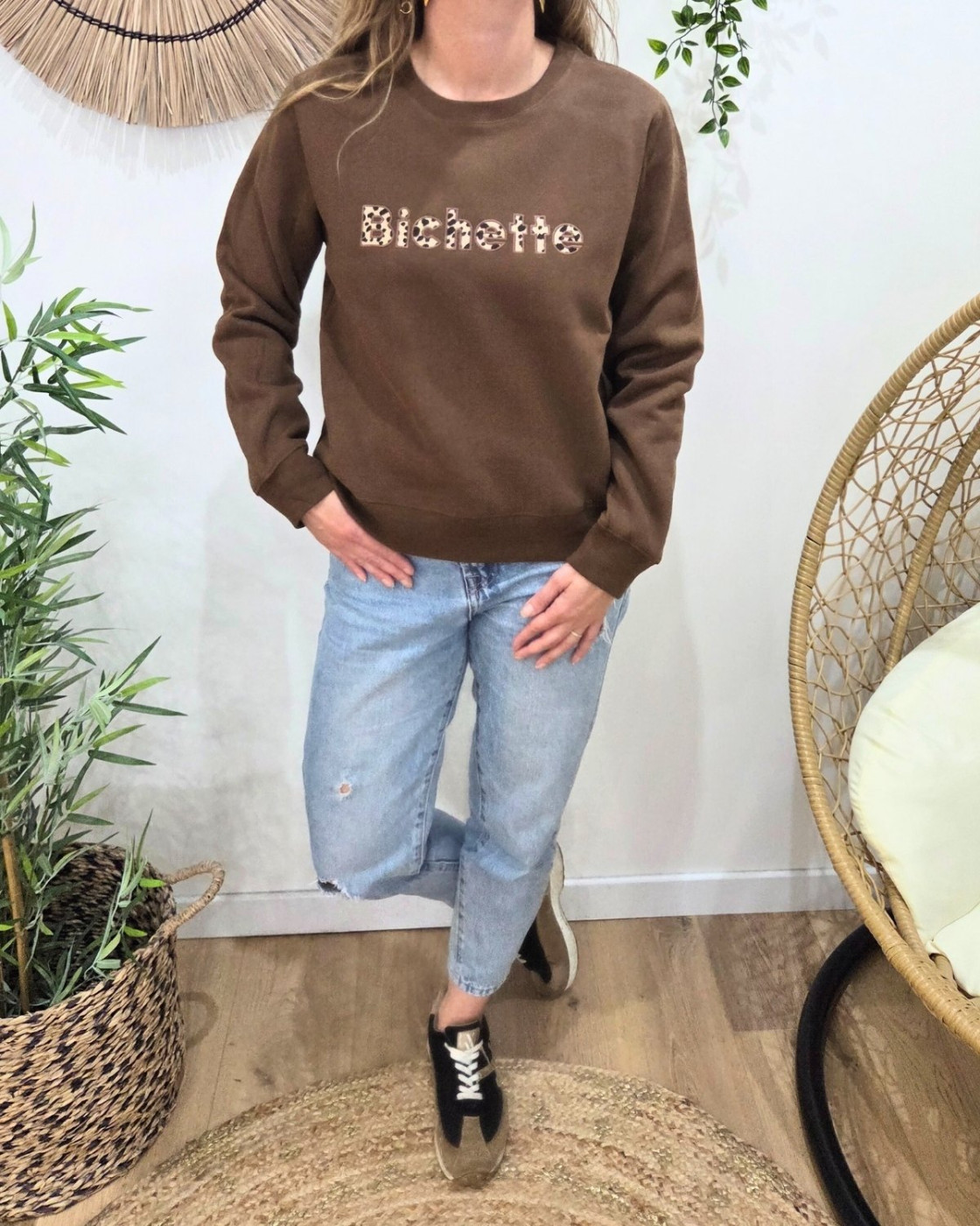 Sweat femme marron broderie Bichette léopard