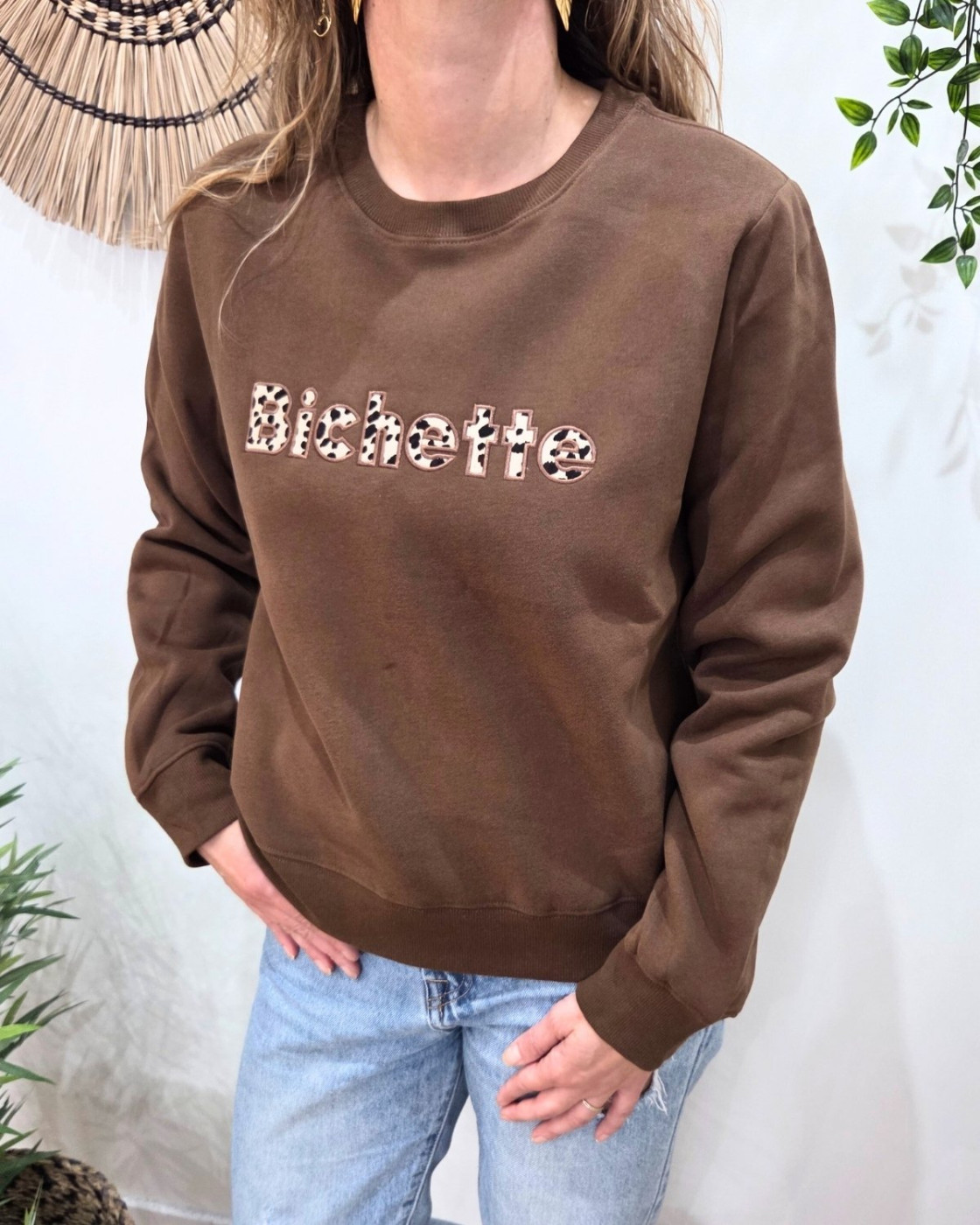 Sweat femme marron broderie Bichette léopard