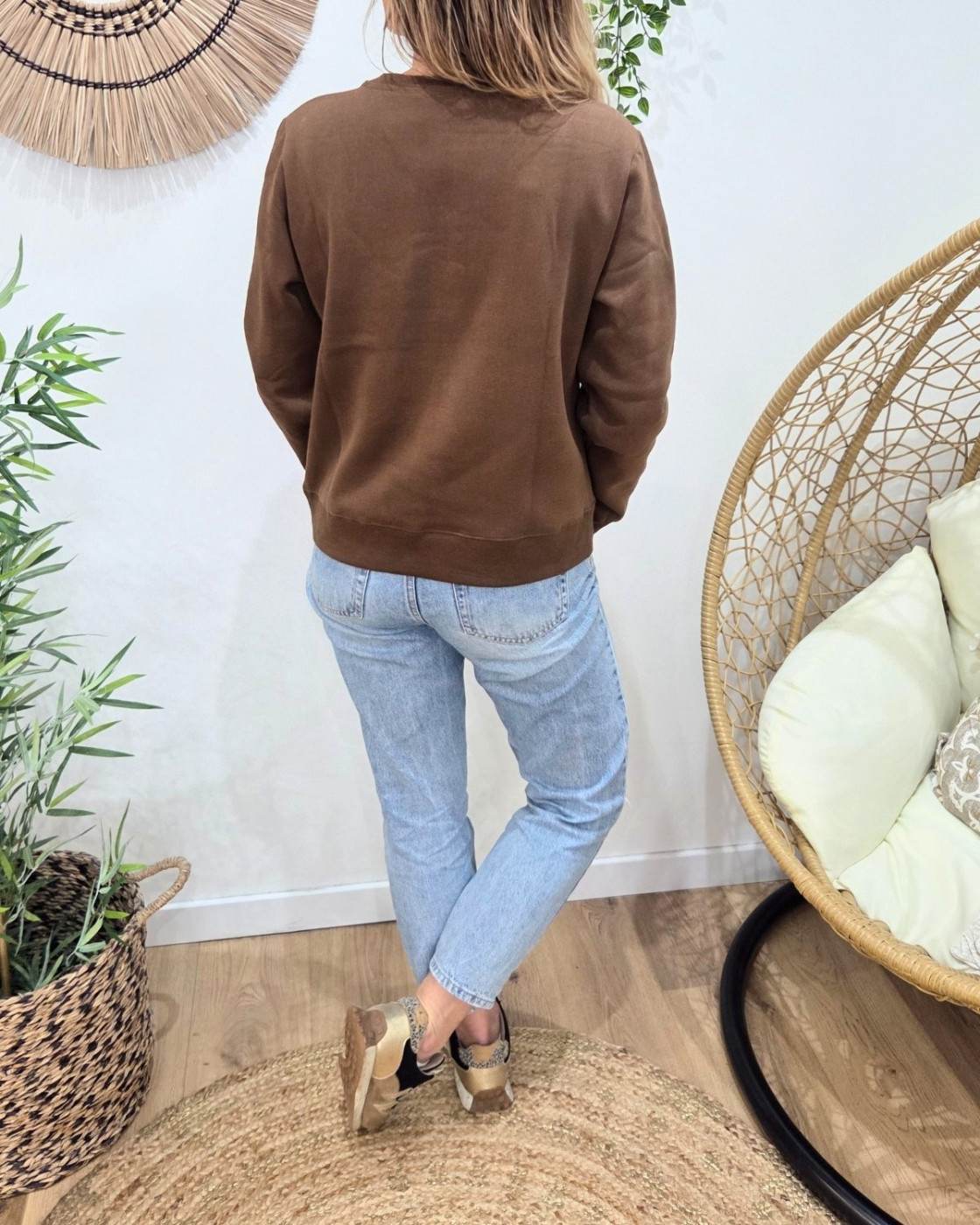 Sweat femme marron broderie Bichette léopard