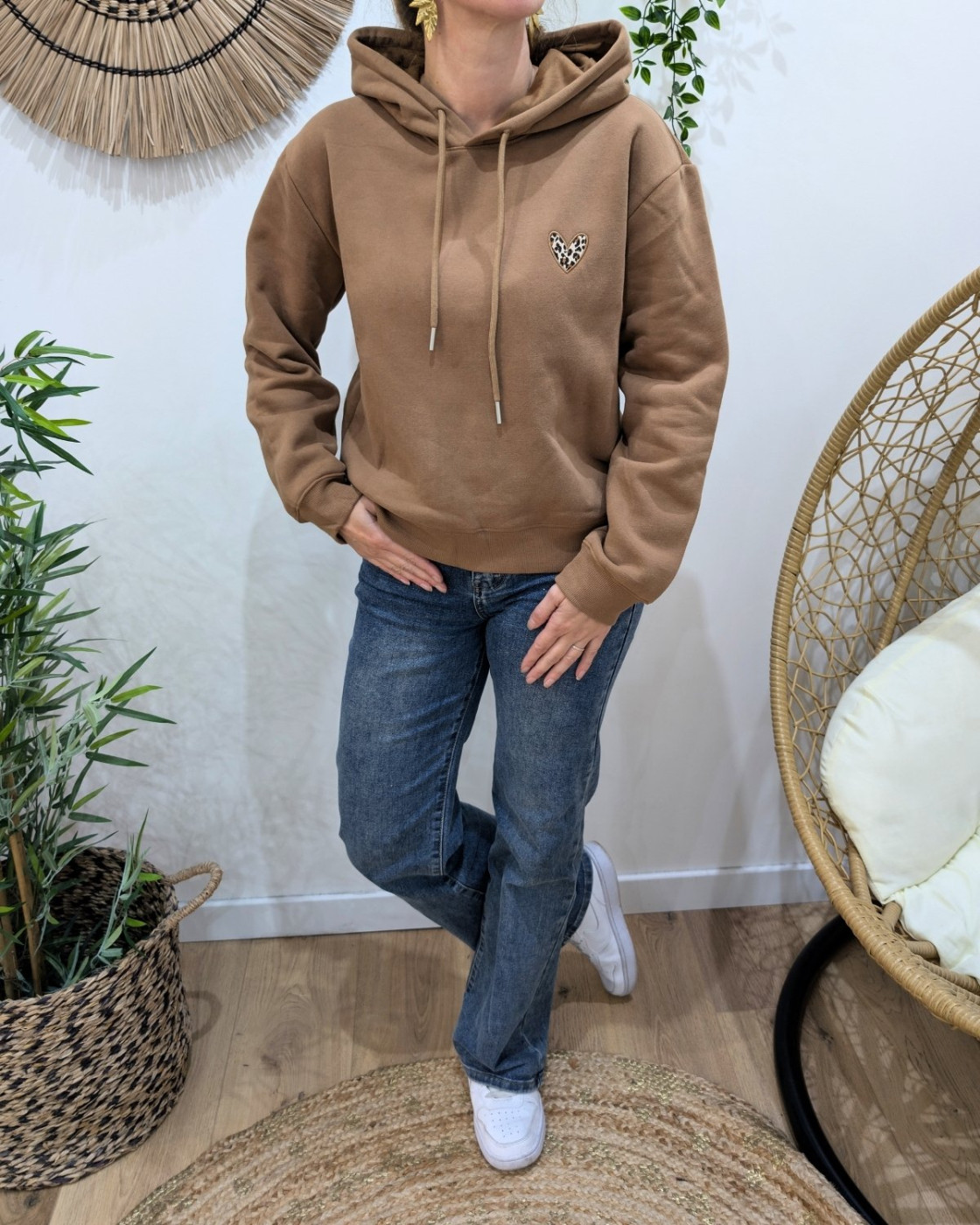 Sweat à capuche femme marron coeur léopard