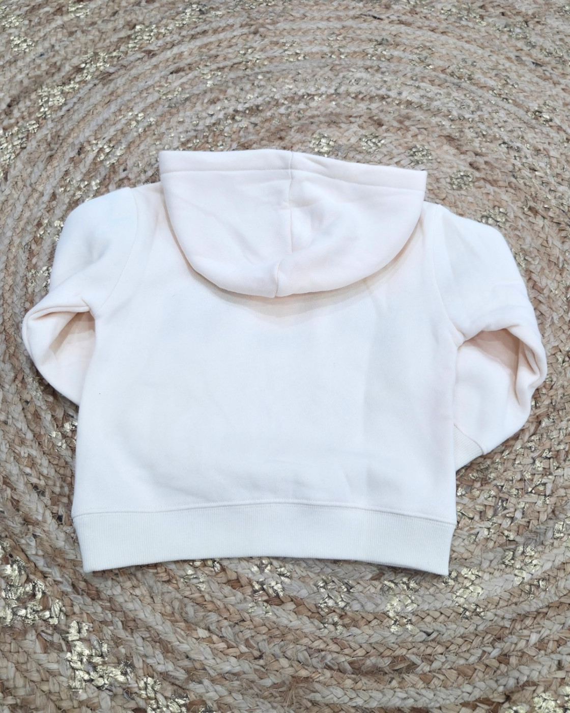 Sweat à capuche enfant beige les copines d'abord moumoute bleue