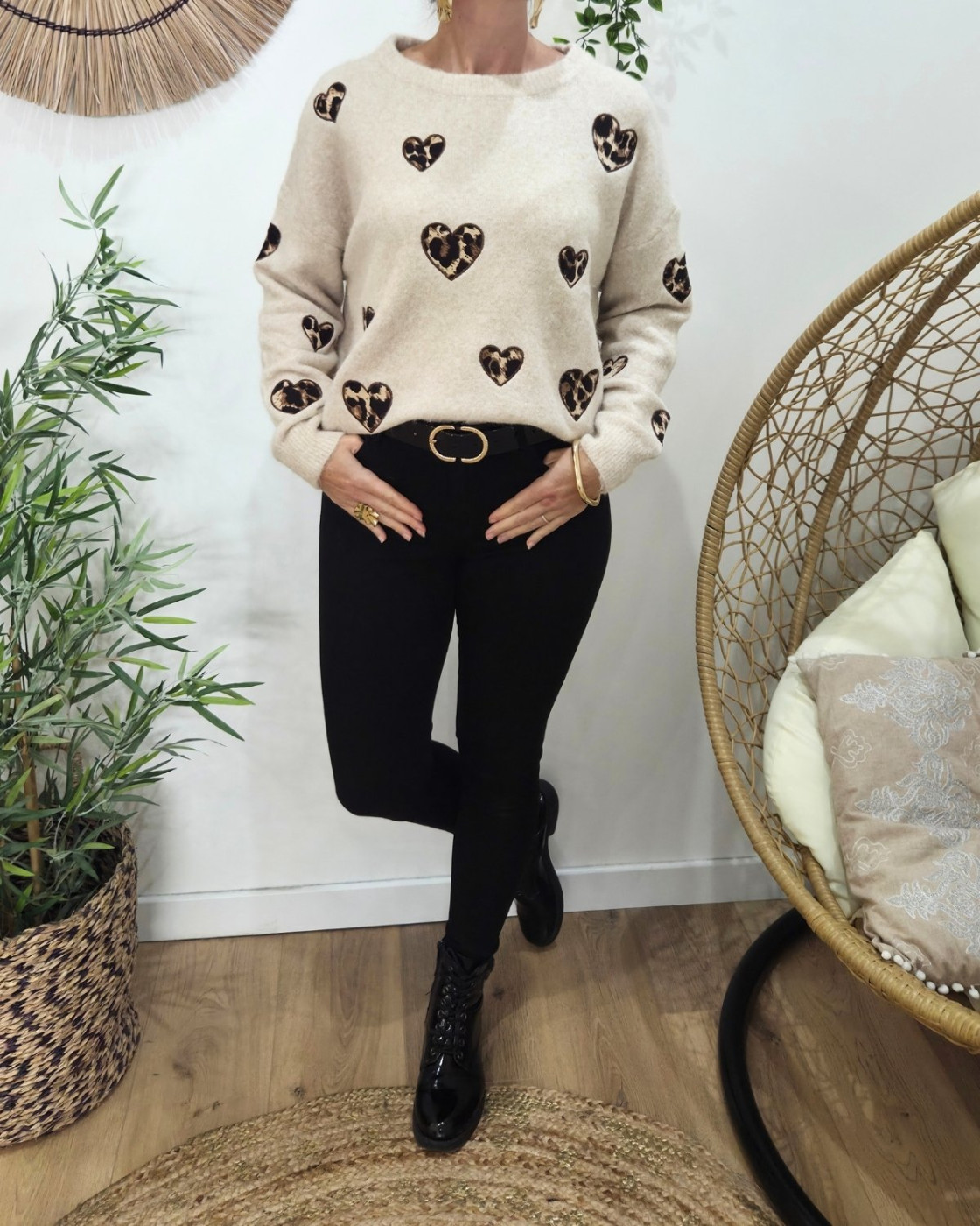 Pull femme beige coeurs léopards Thordis