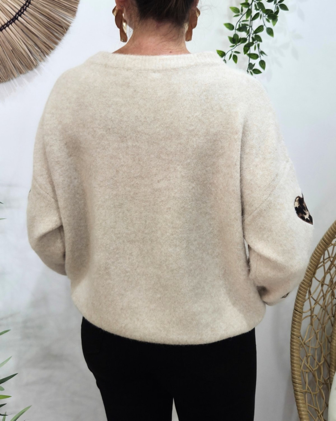 Pull femme beige coeurs léopards Thordis