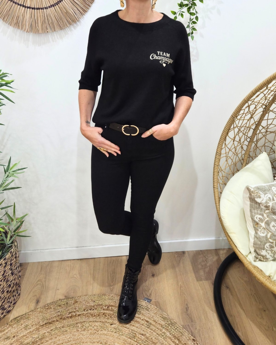 Pull court femme uni col rond team champagne doré Clématite