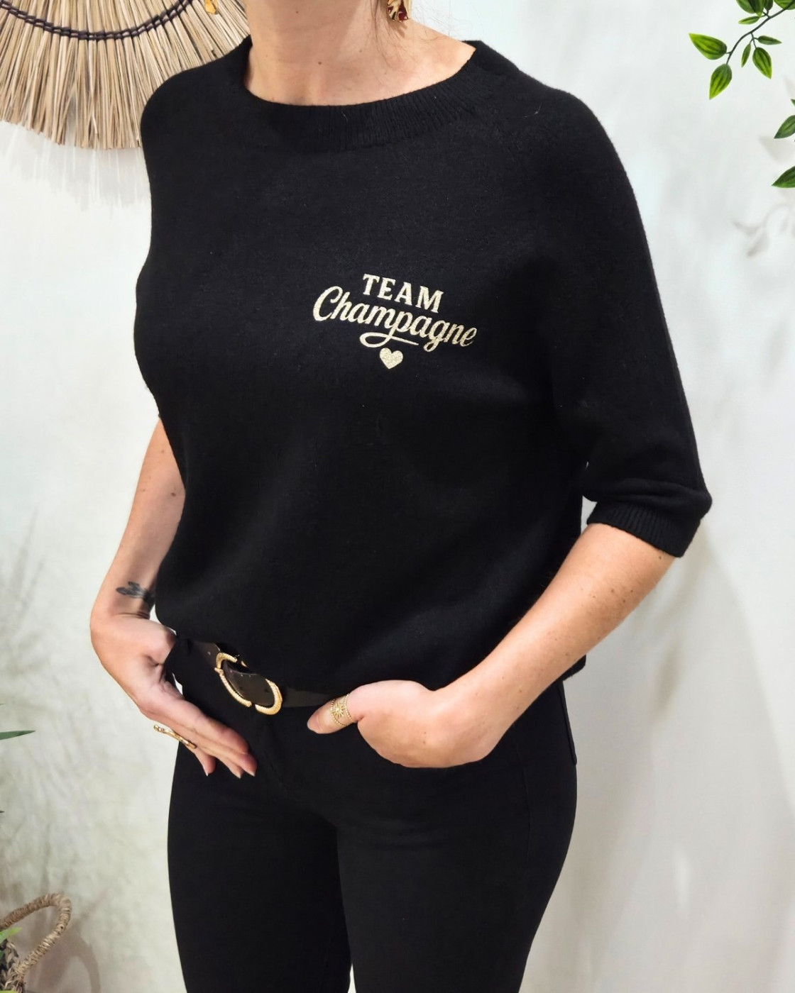 Pull court femme uni col rond team champagne doré Clématite