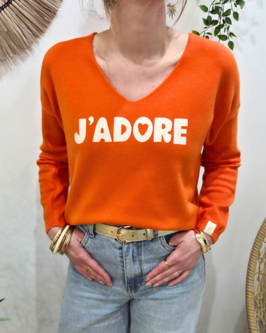 Pull femme col V j'adore pailleté