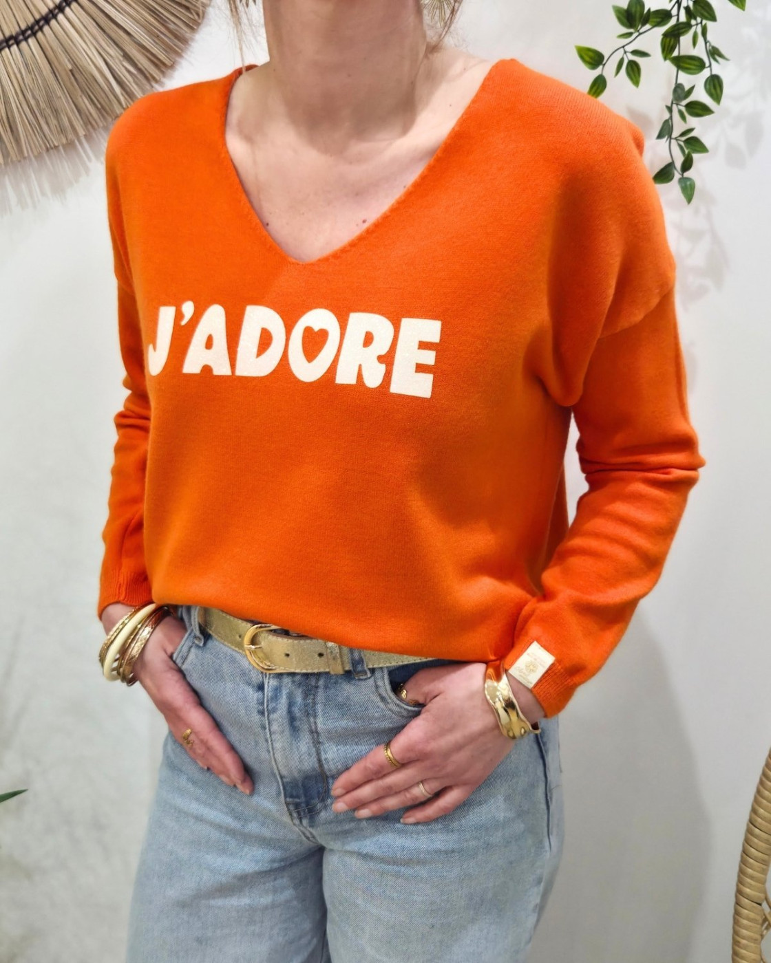Pull femme col V j'adore pailleté