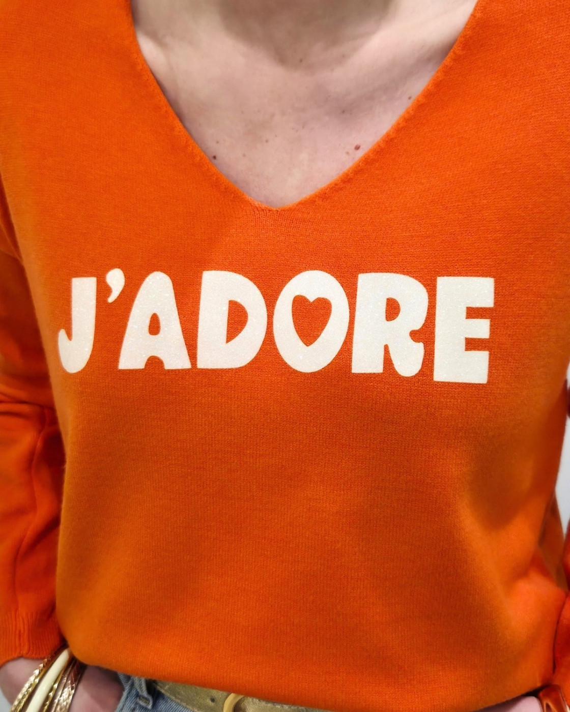 Pull femme col V j'adore pailleté