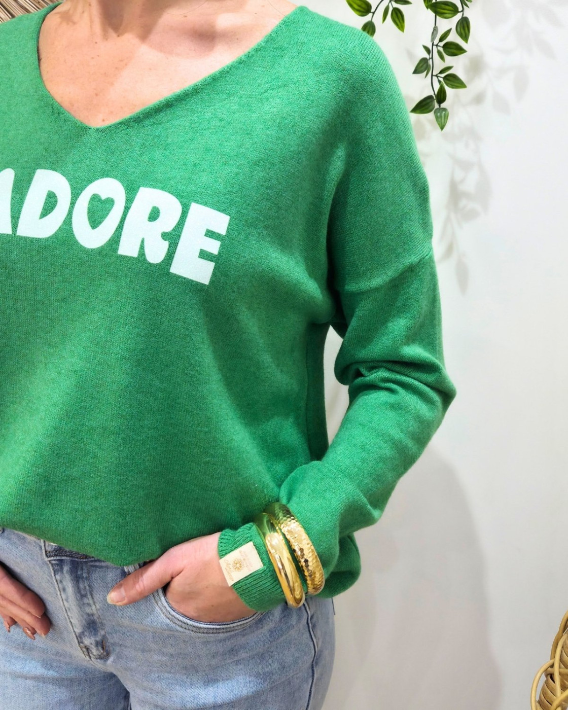 Pull femme col V j'adore pailleté