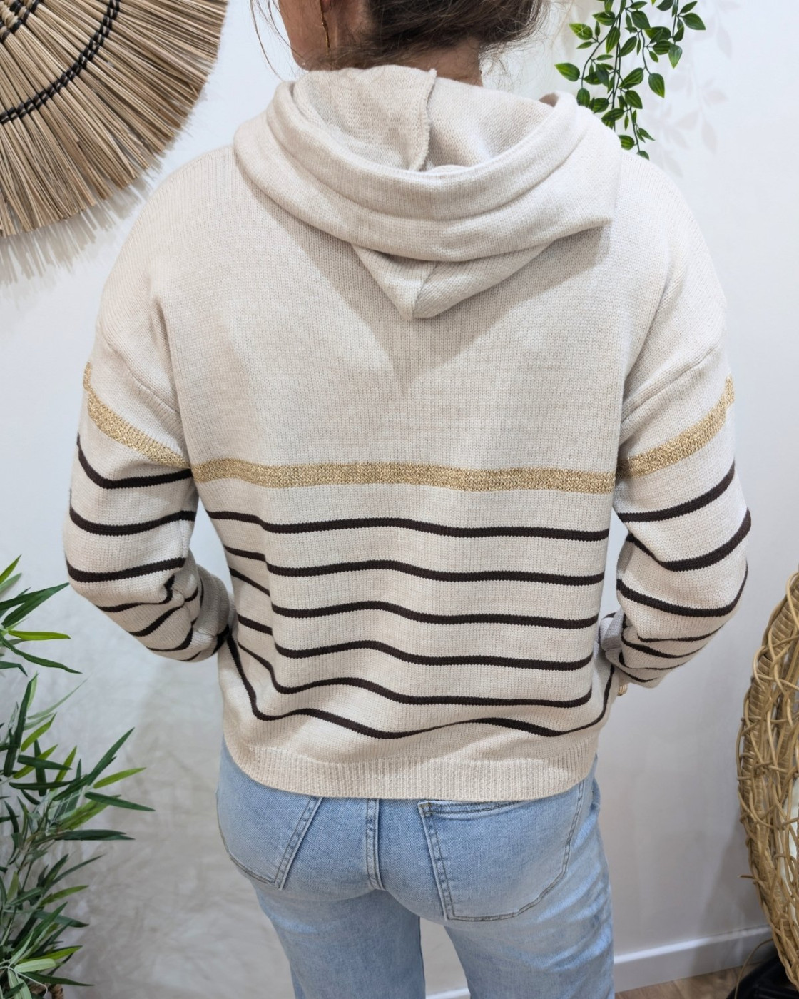 Pull femme marinière beige à capuche coeur doré